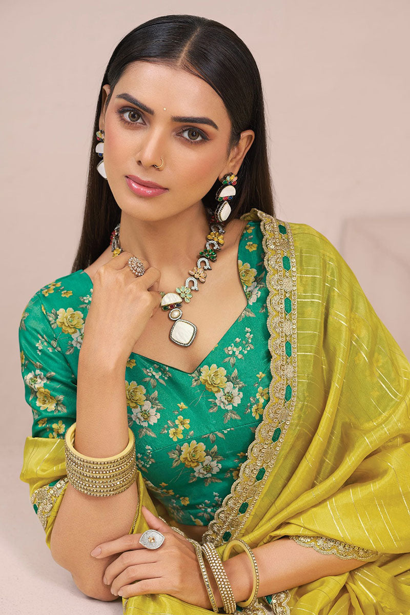 Grace in Bloom – Lemon Green Organza Saree with Floral Charm LF