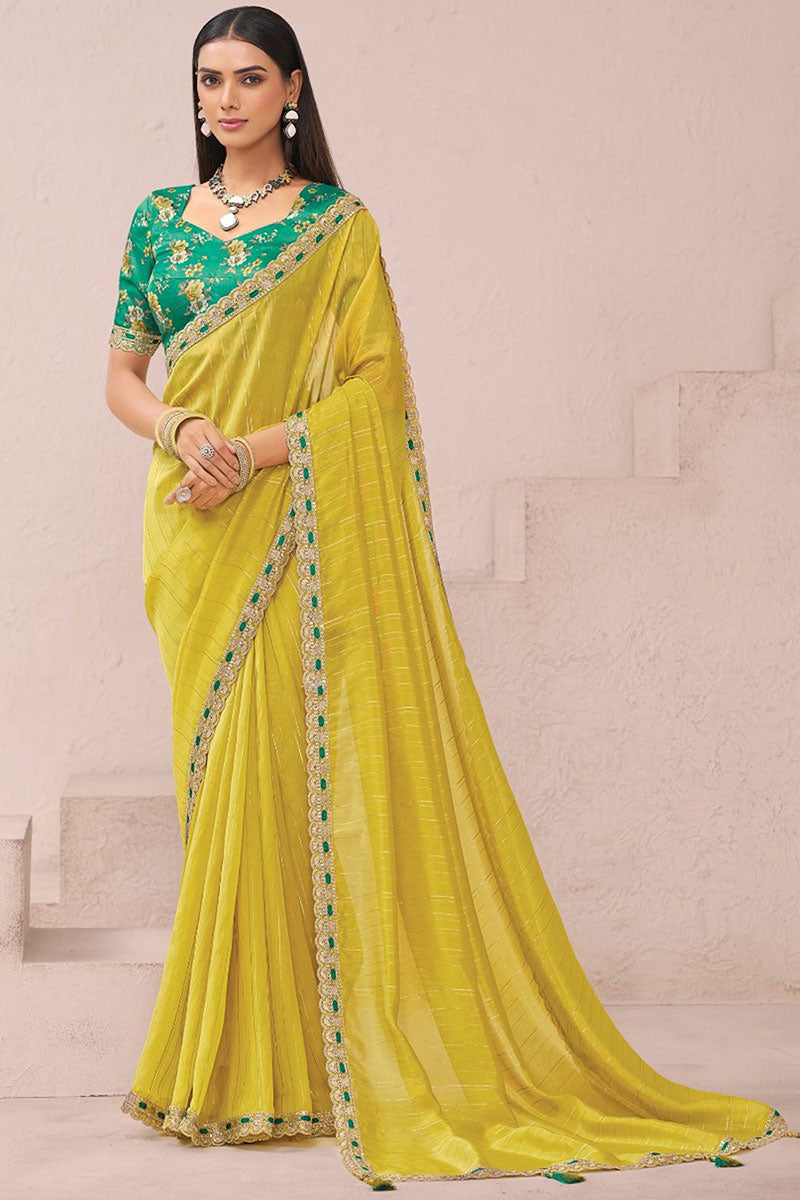 Grace in Bloom – Lemon Green Organza Saree with Floral Charm LF