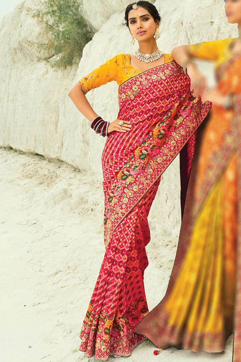 Vibrant Red & Mustard Patola Hand Work Zari Border – Wedding & Festive Wear LF