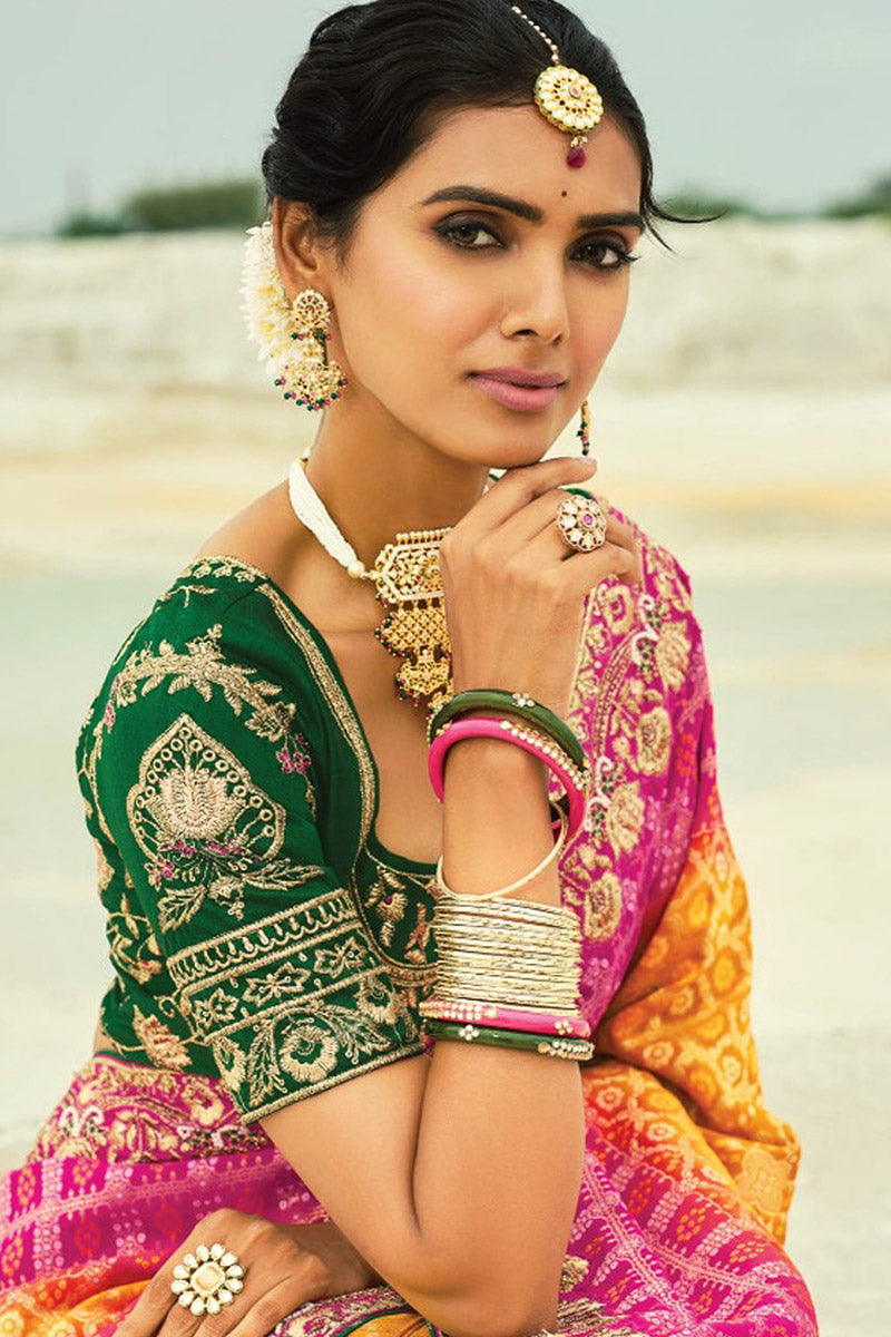 Mustard, Rani & Green Patola Hand Work Zari Border – Wedding & Festive Wear LF