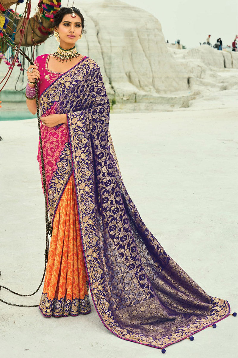 Traditional Purple, Rani & Orange Patola Saree with Rich Zari Detailing LF