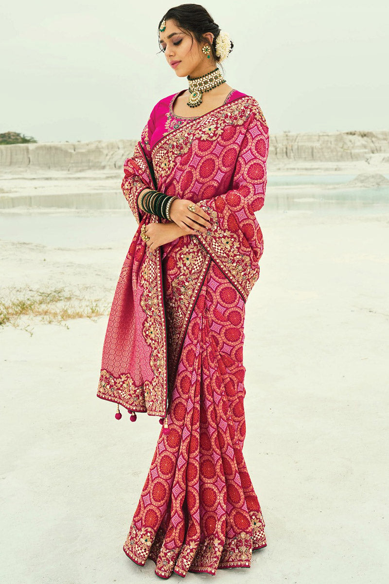 Red & Rani Pink Classic Patola Print Saree with Heavy Zari Pallu LF