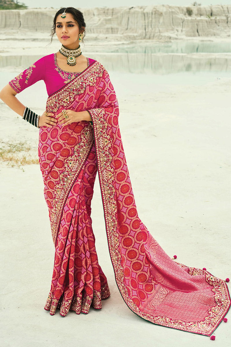 Red & Rani Pink Classic Patola Print Saree with Heavy Zari Pallu LF