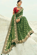 Green & Red Statement Saree with Patola Motifs & Zari Embellished Border LF