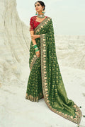 Green & Red Statement Saree with Patola Motifs & Zari Embellished Border LF