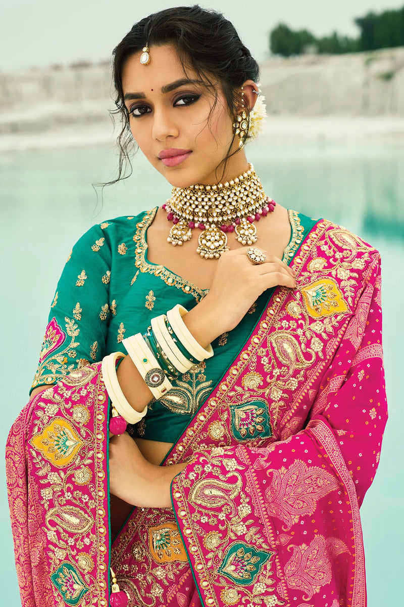 Rani Pink Festive Ready Patola Saree with Golden Floral Accents LF