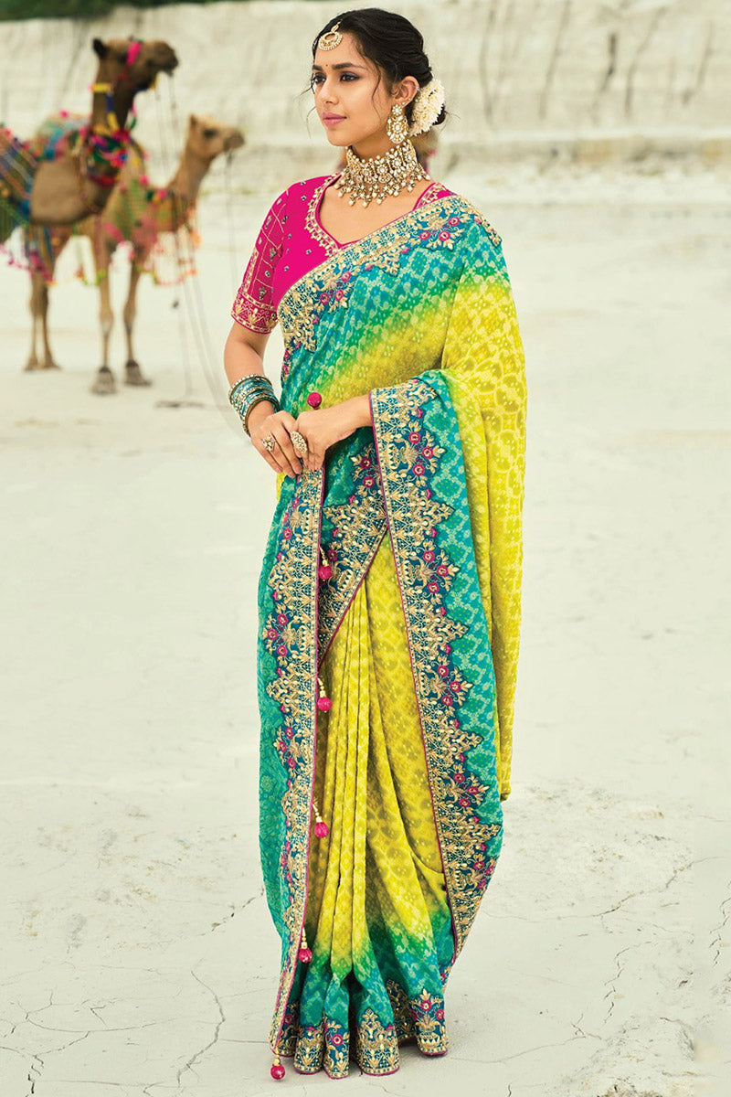 Wedding Wear Patola Print Saree in Yellow & Rama with Zari Work LF
