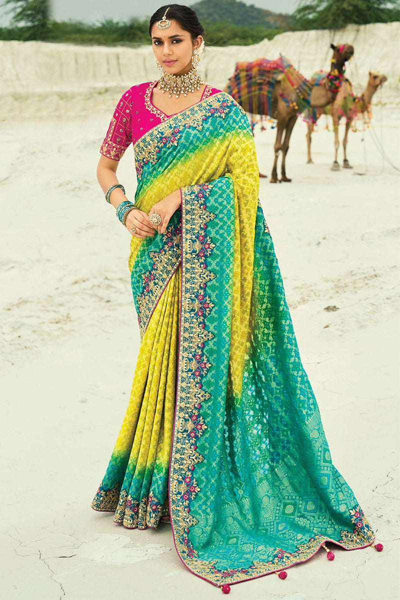 Wedding Wear Patola Print Saree in Yellow & Rama with Zari Work LF