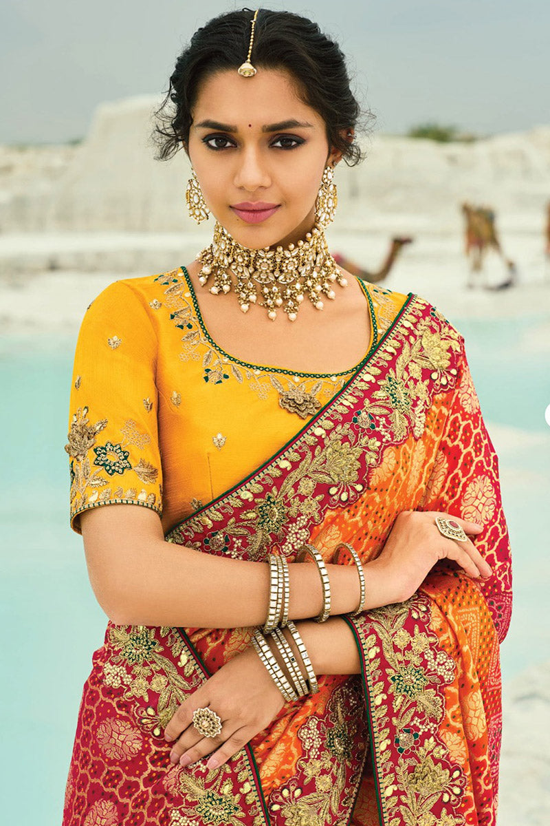 Red, Mustard & Orange Bridal Guest Saree with Floral Zari Embroidery LF