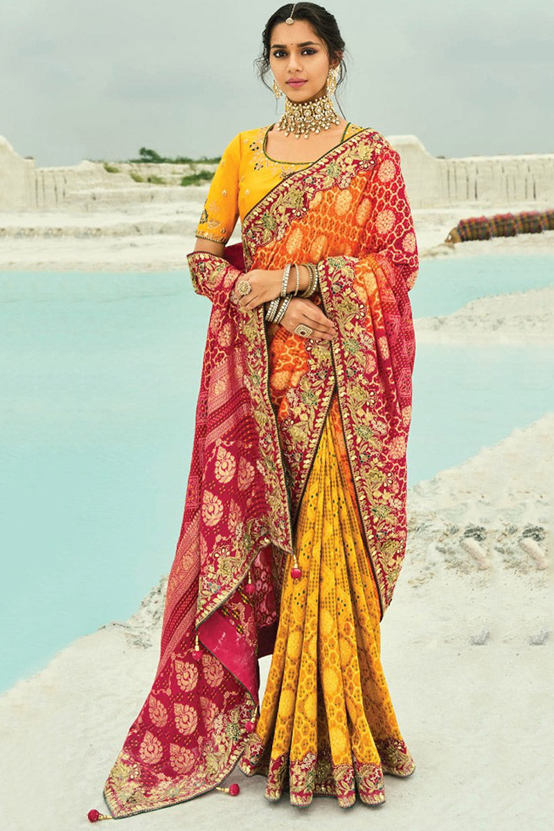 Red, Mustard & Orange Bridal Guest Saree with Floral Zari Embroidery LF