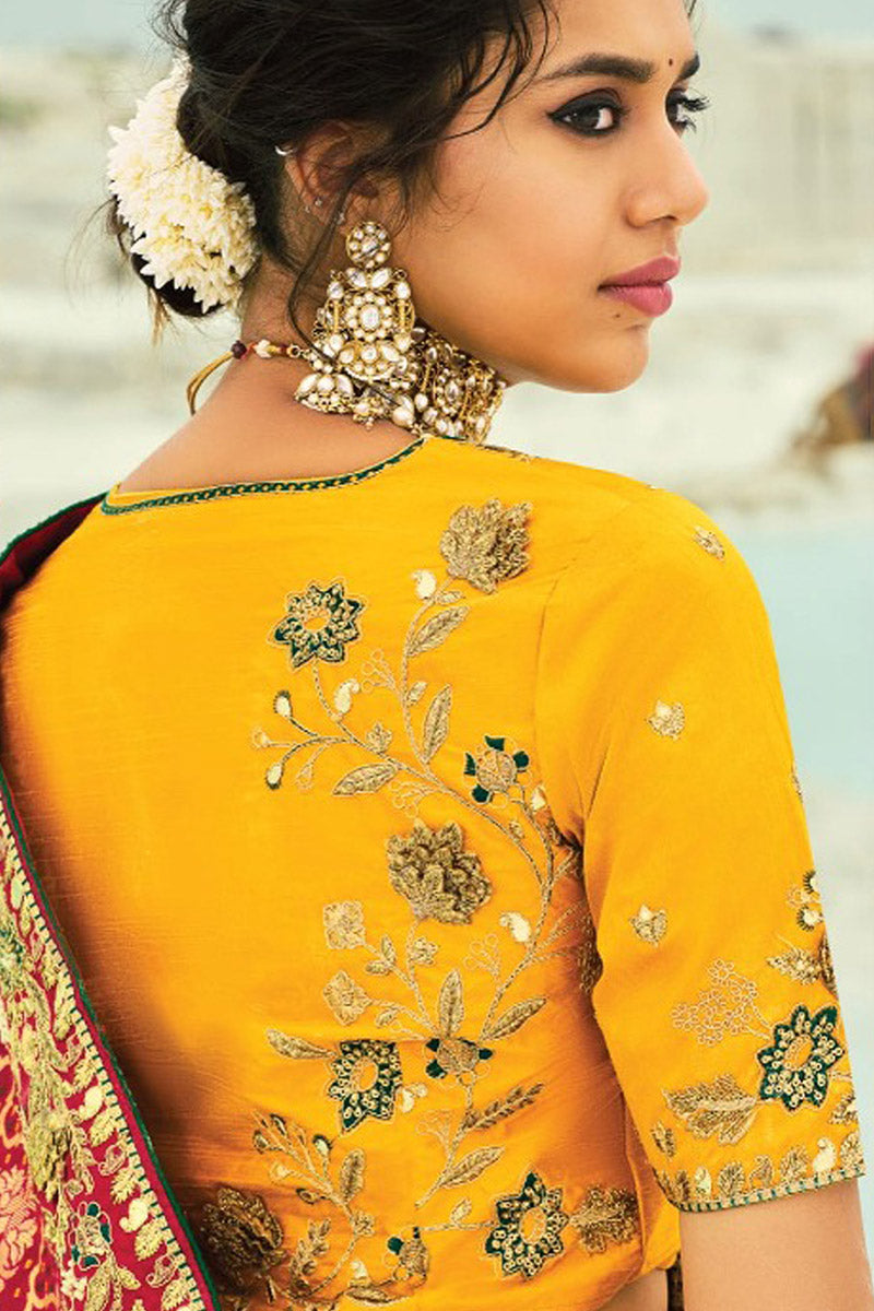 Red, Mustard & Orange Bridal Guest Saree with Floral Zari Embroidery LF