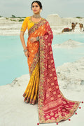 Red, Mustard & Orange Bridal Guest Saree with Floral Zari Embroidery LF