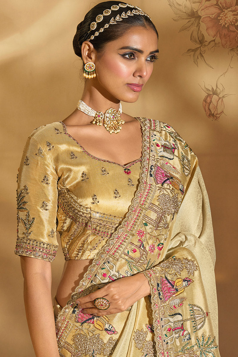 Golden Heritage Embroidered Silk Saree with Handcrafted Motifs LF