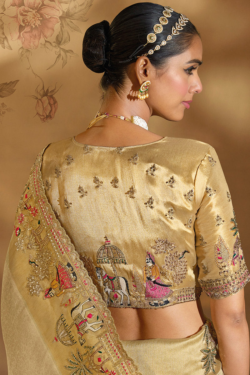 Golden Heritage Embroidered Silk Saree with Handcrafted Motifs LF