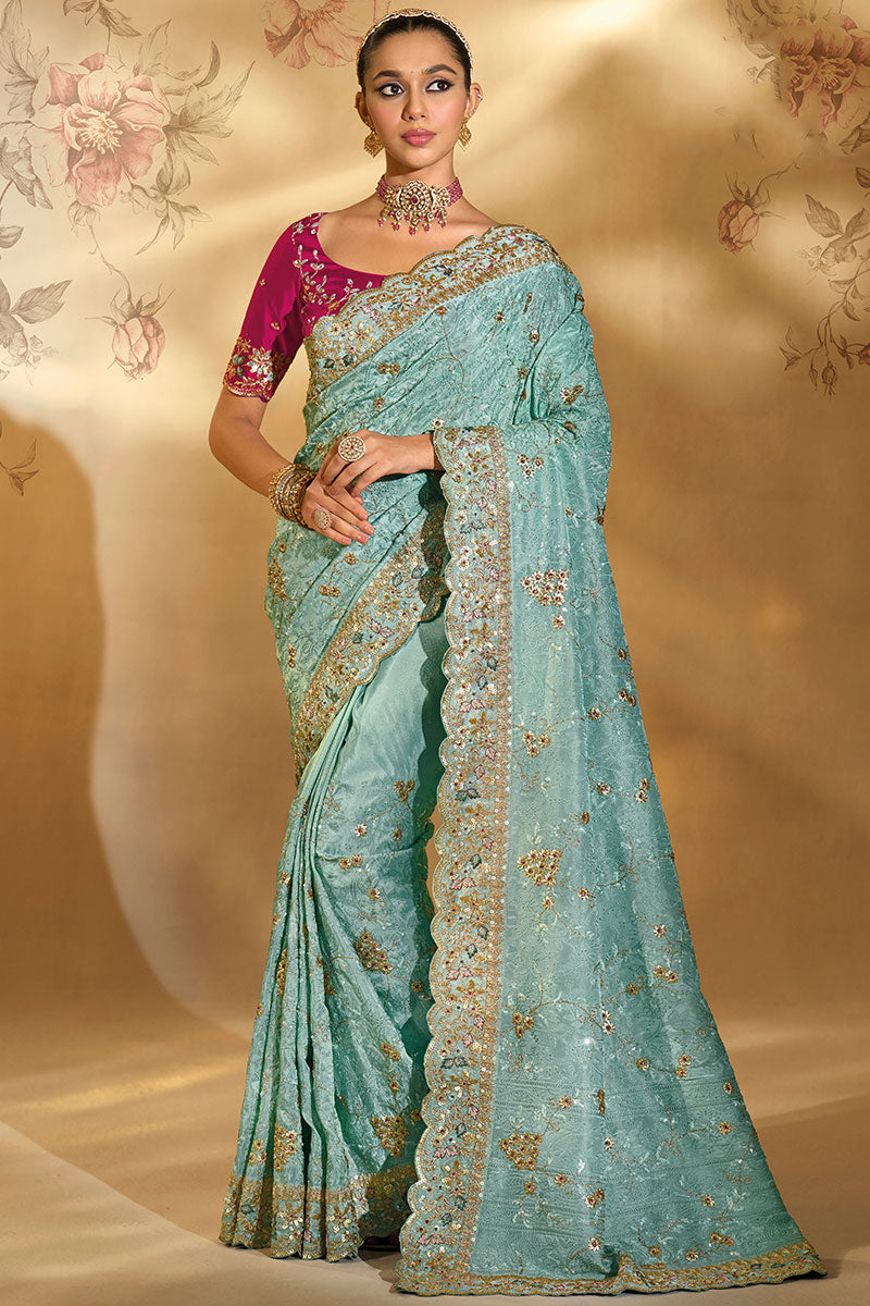 Regal Heritage Embroidered Silk Saree in Sea Green LF