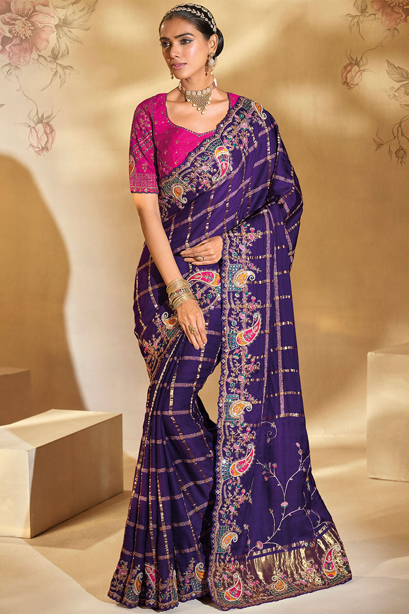 Bridal-Inspired Purple Embroidered Silk Saree LF
