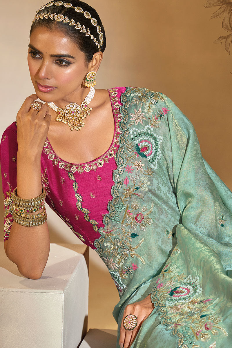 Classic Sea Green Silk Saree with Royal Embroidery LF