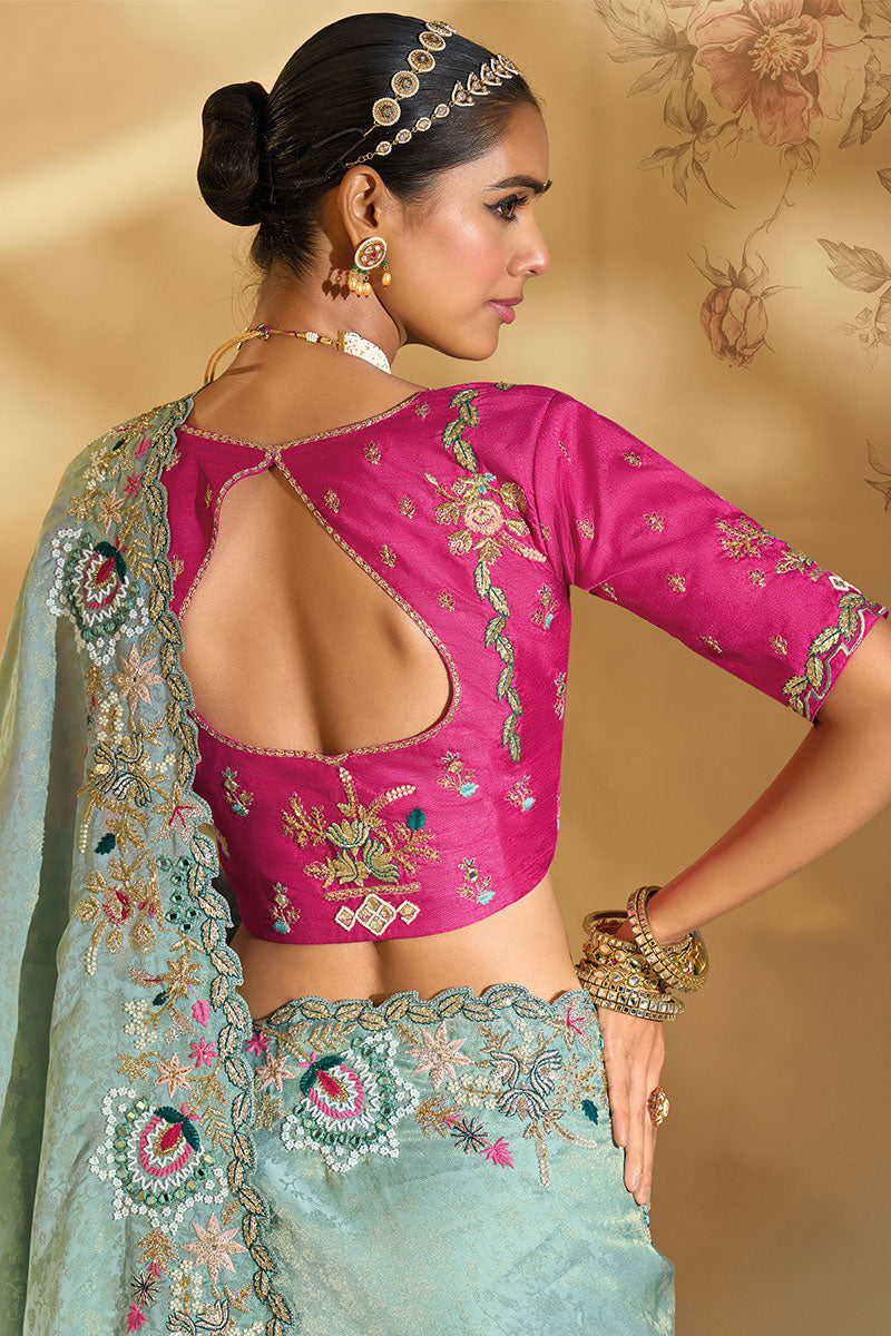 Classic Sea Green Silk Saree with Royal Embroidery LF
