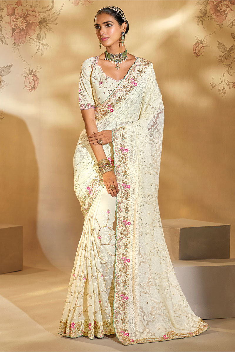 Cream Embroidered Silk Saree – Wedding & Festive Wear UK LF