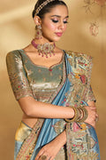 Luxury Golden Silk Saree with Handcrafted Motifs in Blue LF