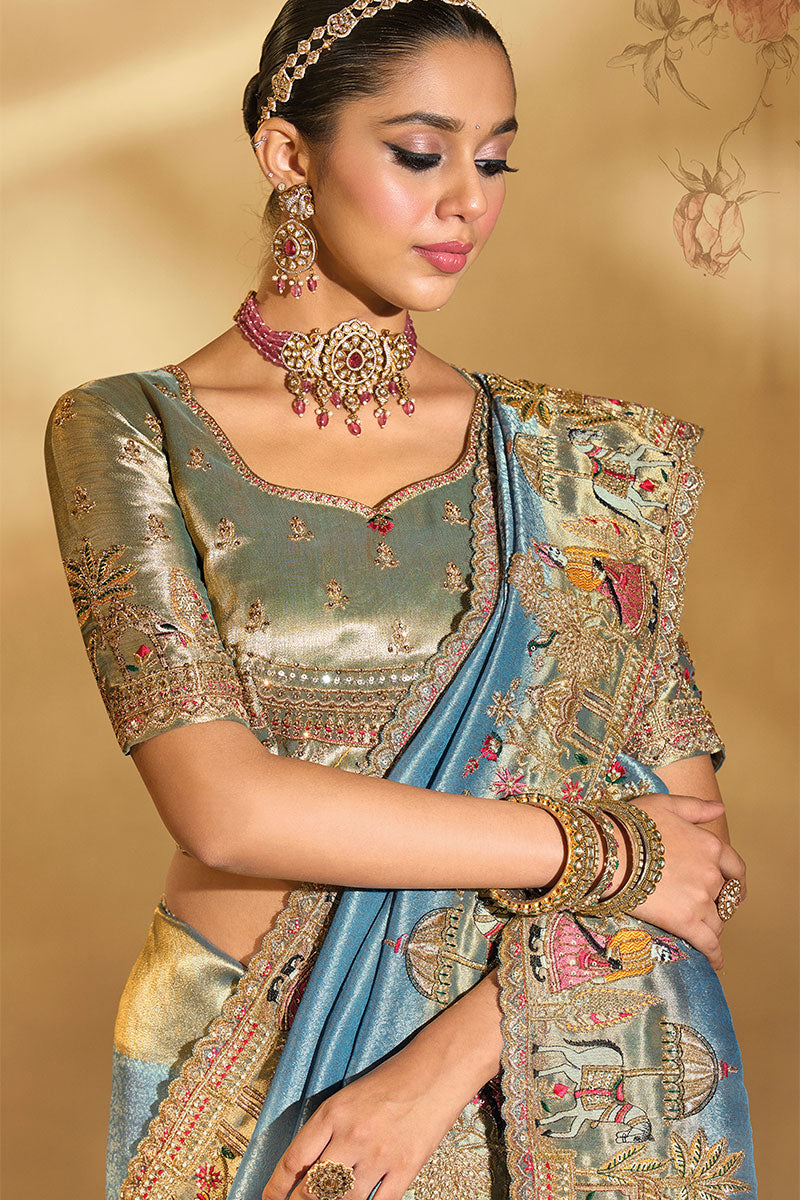 Luxury Golden Silk Saree with Handcrafted Motifs in Blue LF