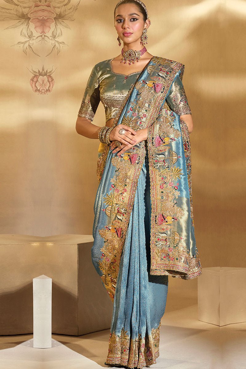 Luxury Golden Silk Saree with Handcrafted Motifs in Blue LF