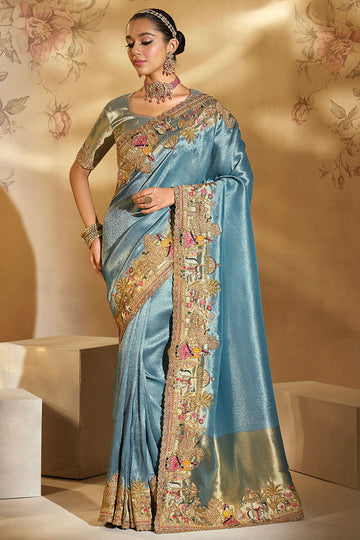 Luxury Golden Silk Saree with Handcrafted Motifs in Blue LF