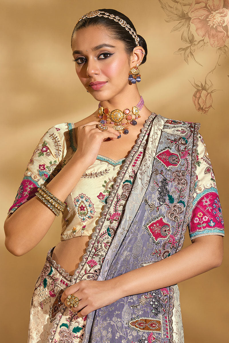 Traditional Cream & Grey Embroidered Silk Saree Online UK LF