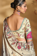 Traditional Cream & Grey Embroidered Silk Saree Online UK LF
