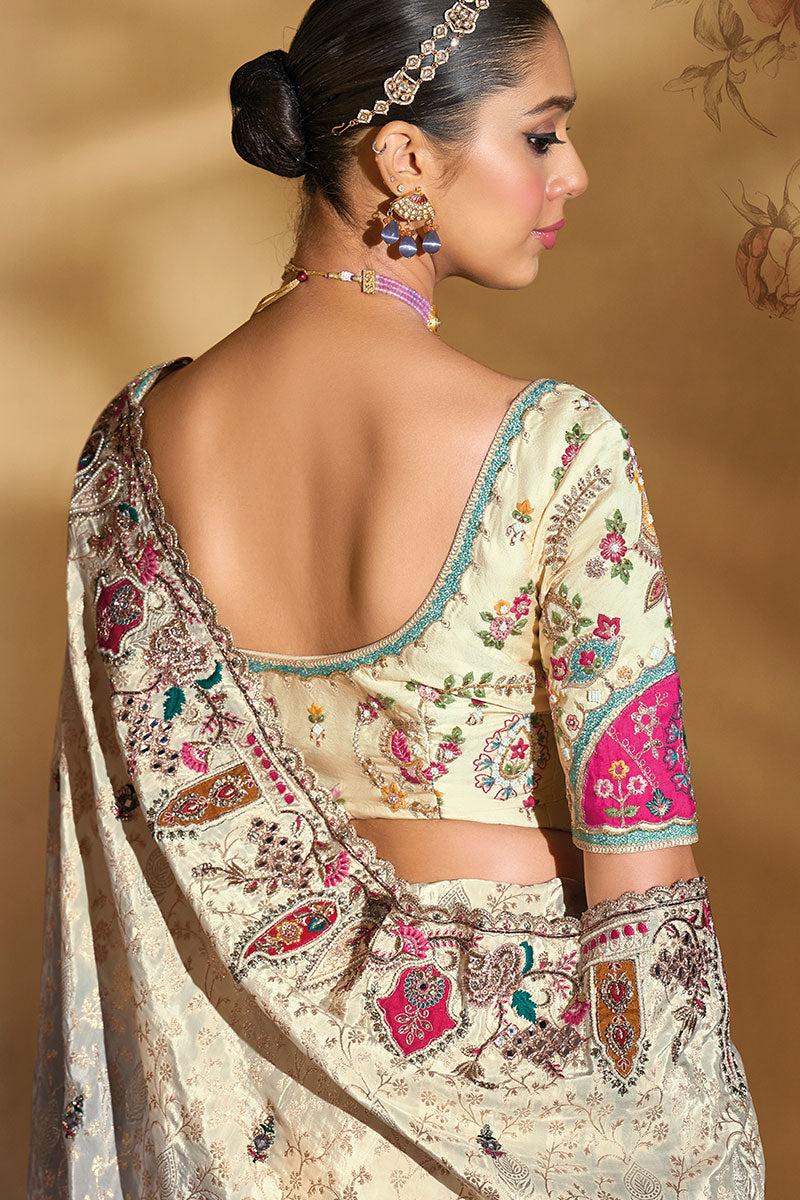 Traditional Cream & Grey Embroidered Silk Saree Online UK LF