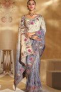 Traditional Cream & Grey Embroidered Silk Saree Online UK LF