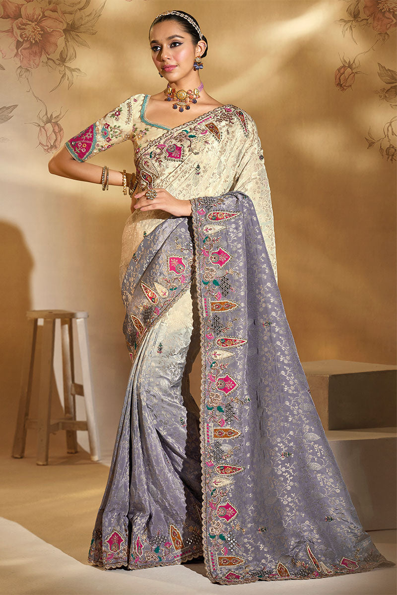 Traditional Cream & Grey Embroidered Silk Saree Online UK LF