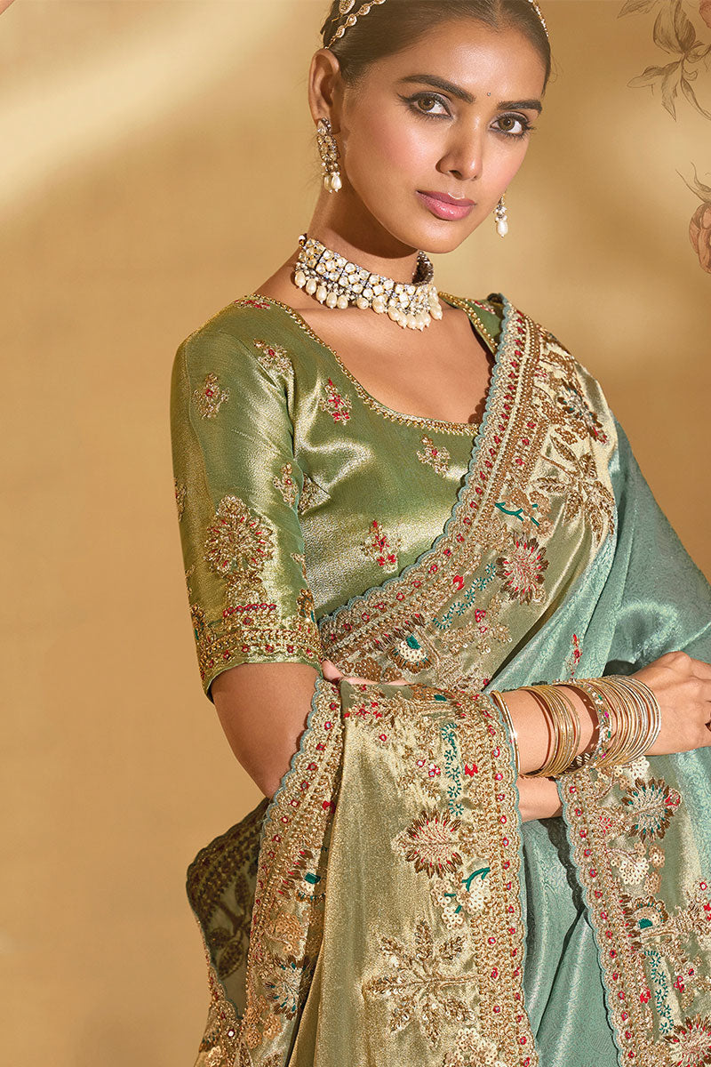 Premium Pista Green Silk Saree with Heritage Embroidery LF