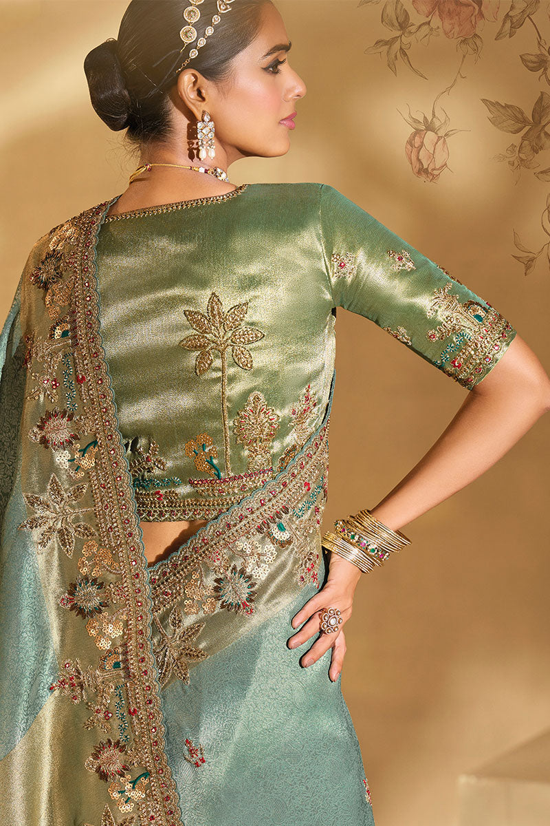 Premium Pista Green Silk Saree with Heritage Embroidery LF