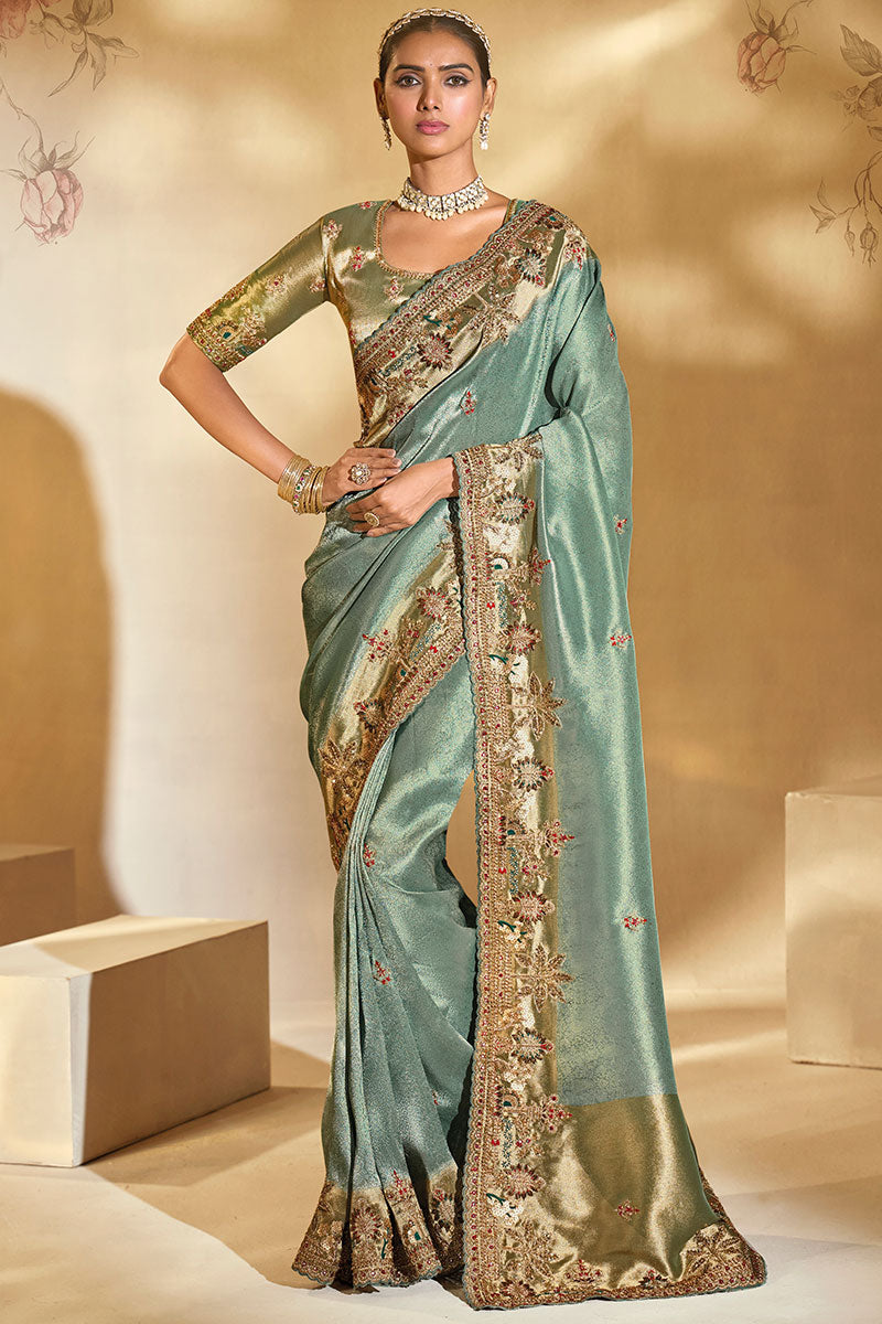 Premium Pista Green Silk Saree with Heritage Embroidery LF