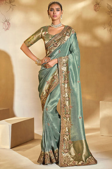 Premium Pista Green Silk Saree with Heritage Embroidery LF