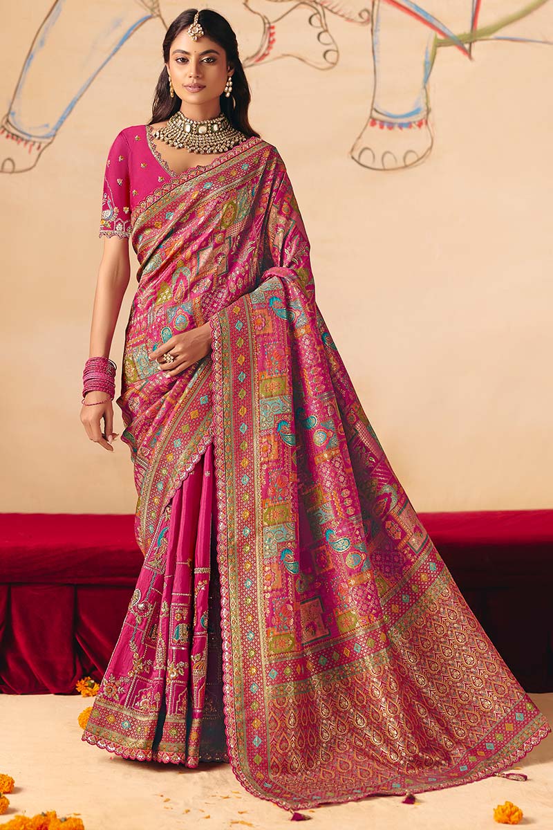 Premium Rani Pink Banarasi Festive Saree UK | Rich Woven Zari & Designer Pallu LF