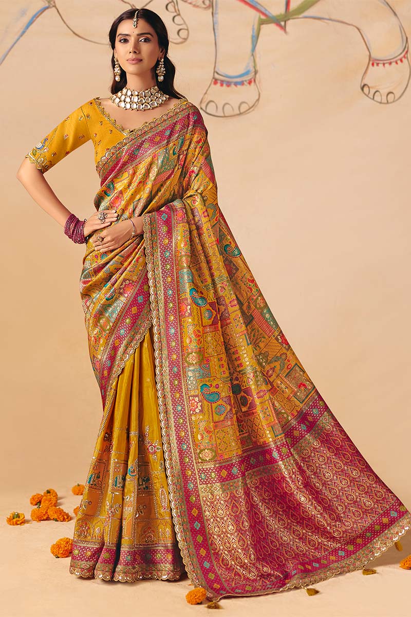 Mustard Dola Silk Saree UK | Traditional Motifs & Heavy Border LF