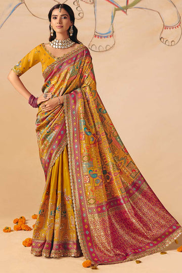 Mustard Dola Silk Saree UK | Traditional Motifs & Heavy Border LF