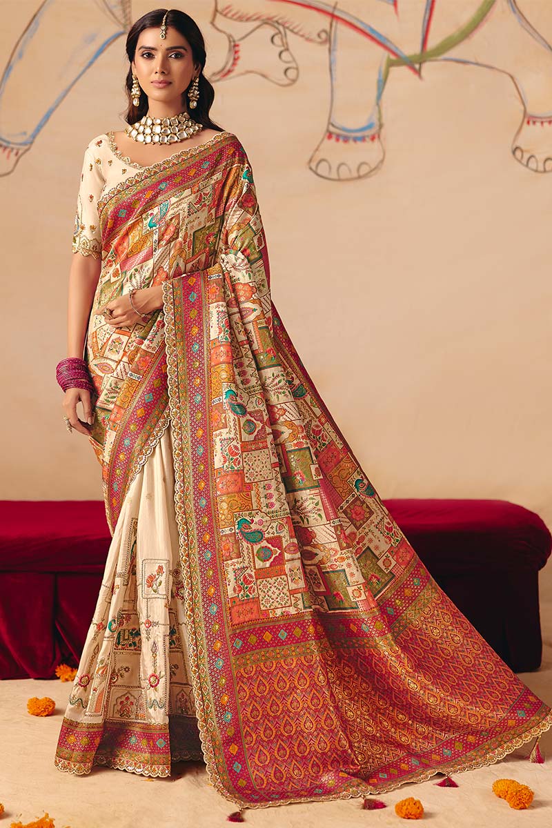 Cream Designer Dola silk Saree UK | Festive Wedding Wear with Zari Work LF