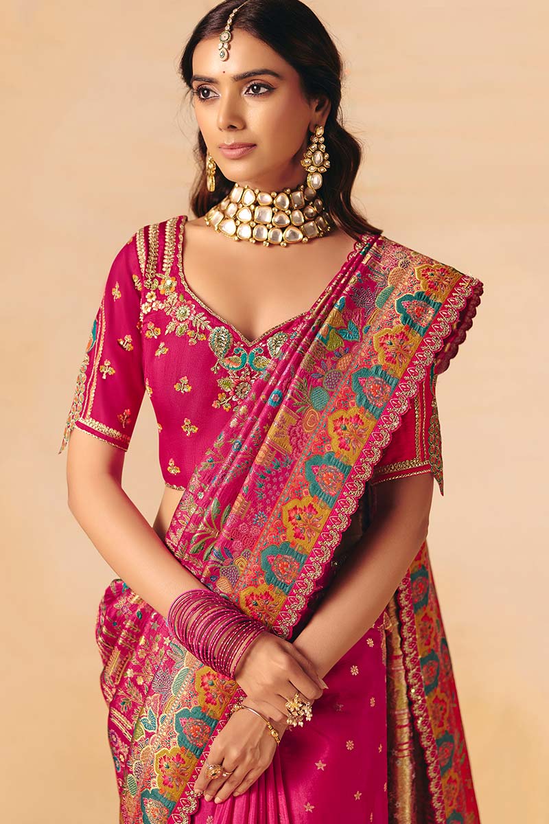 Rani Pink Elegant Party Wear Saree UK | Intricate Woven Patterns & Rich Pallu LF