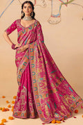 Rani Pink Elegant Party Wear Saree UK | Intricate Woven Patterns & Rich Pallu LF