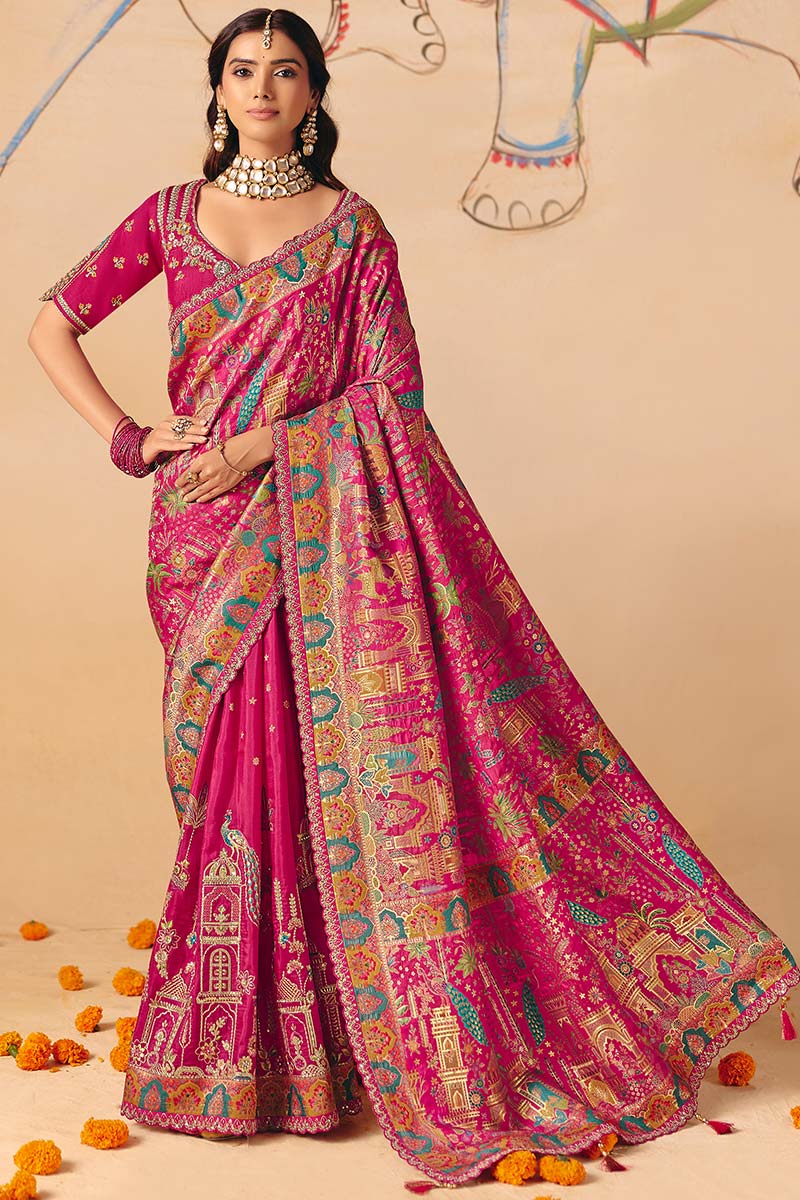 Rani Pink Elegant Party Wear Saree UK | Intricate Woven Patterns & Rich Pallu LF