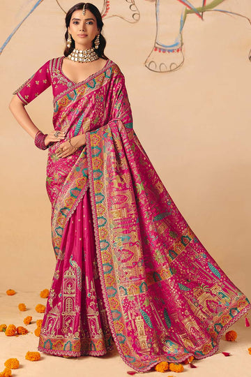 Rani Pink Elegant Party Wear Saree UK | Intricate Woven Patterns & Rich Pallu LF