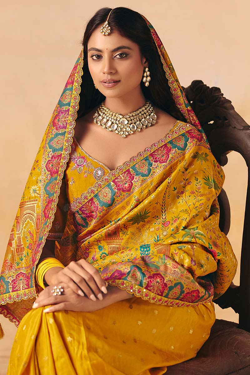 Mustard Ethnic Dola Zari Silk Saree UK | Wedding & Festive Collection LF
