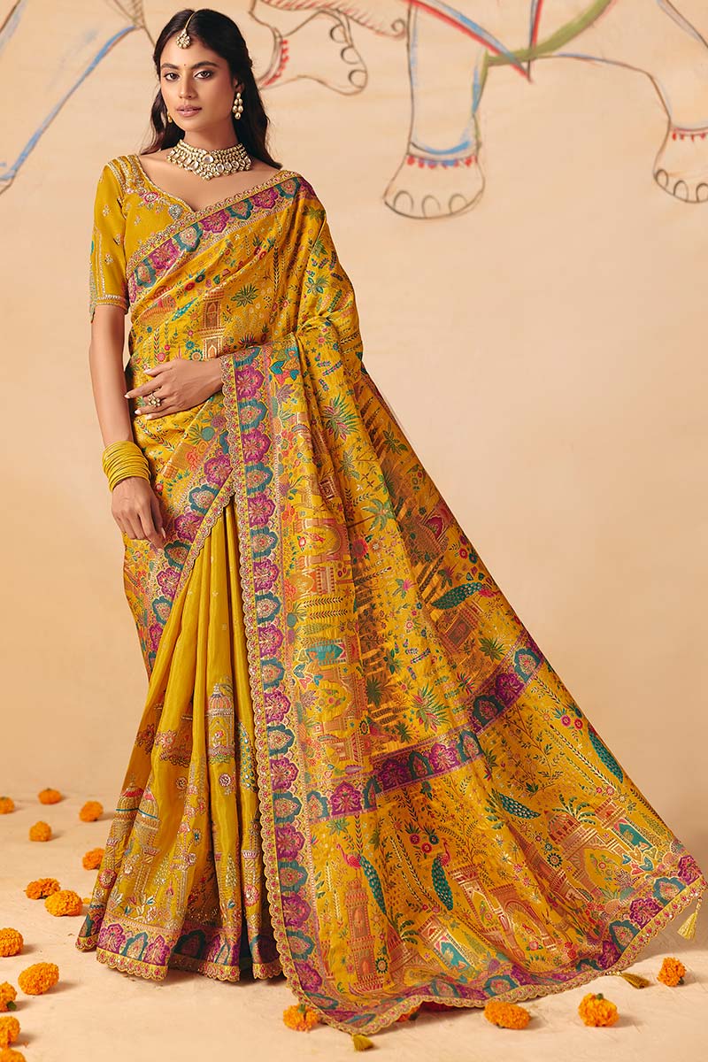 Mustard Ethnic Dola Zari Silk Saree UK | Wedding & Festive Collection LF