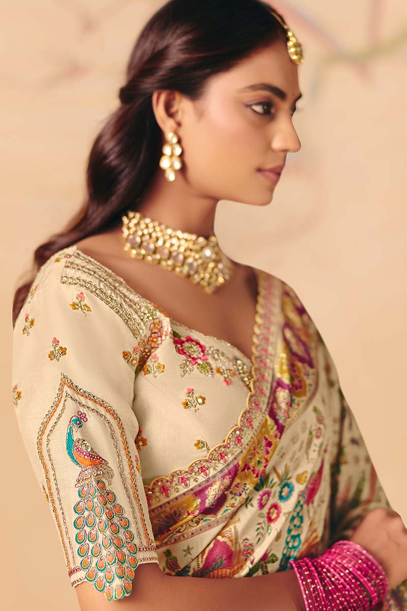 Cream Dola silk Festive Saree UK | Rich Woven Zari & Designer Pallu LF