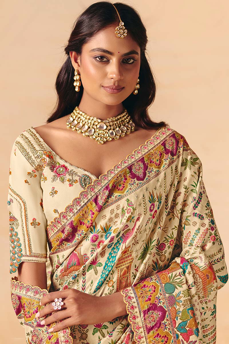 Cream Dola silk Festive Saree UK | Rich Woven Zari & Designer Pallu LF