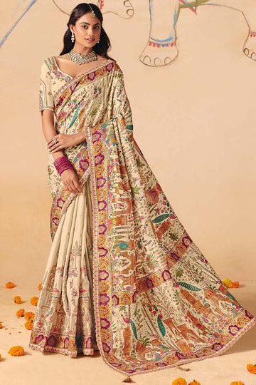 Cream Dola silk Festive Saree UK | Rich Woven Zari & Designer Pallu LF