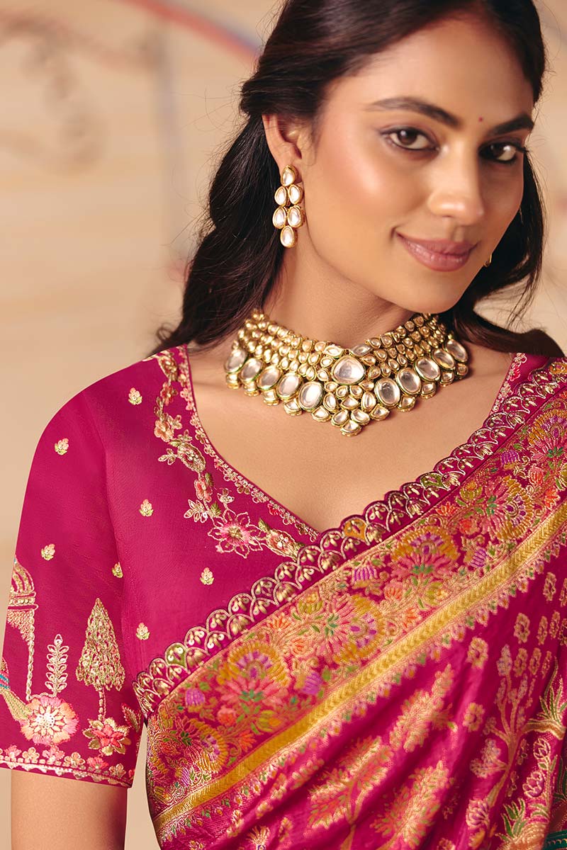Rani Pink Dola silk Saree UK | Traditional Motifs & Heavy Border LF